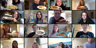 Class members show their breakfasts over zoom.