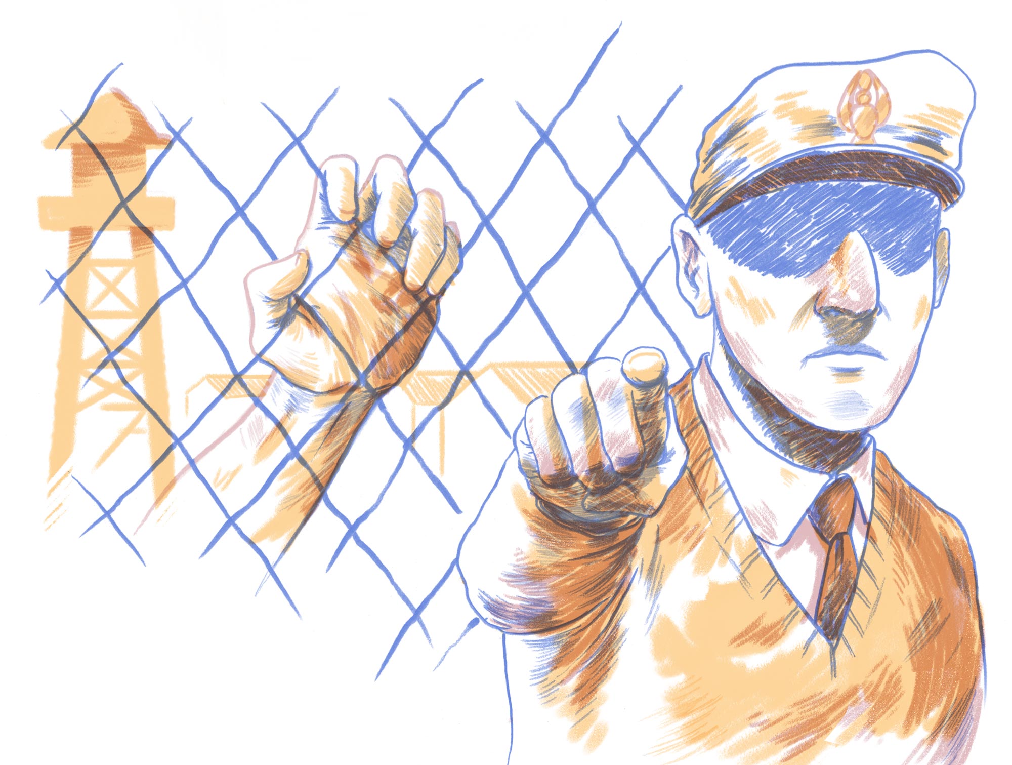 Illustration of a hand grasping a chain link fence and a guard pointing menacingly