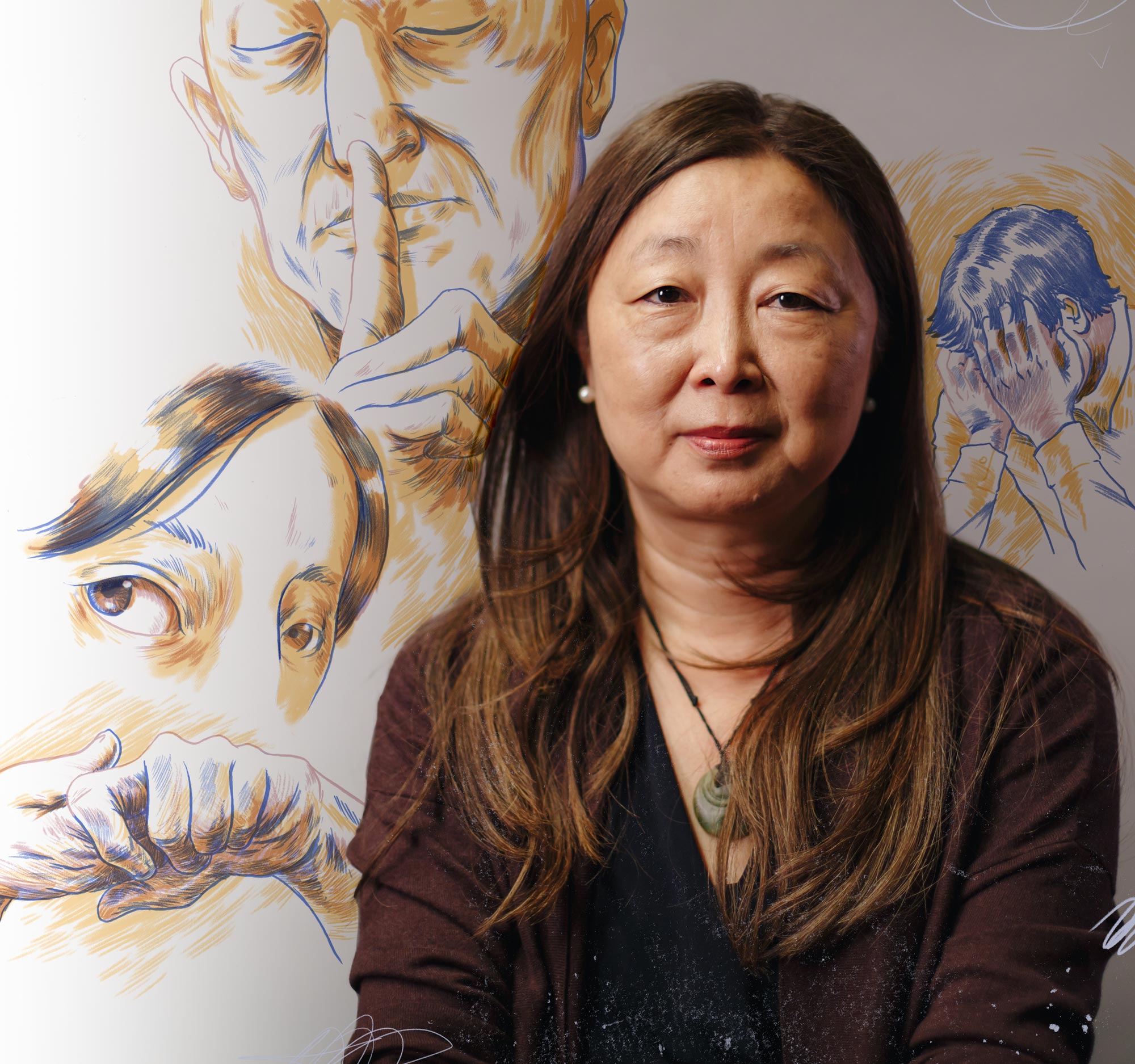 Photo of Interim Dean Eileen Fung set against close up illustrations of faces and a hand