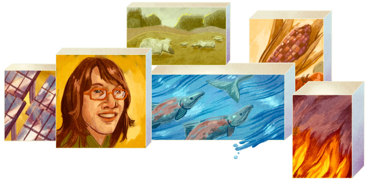 Illustration of professor Stephanie Siehr with other illustrations of the environment