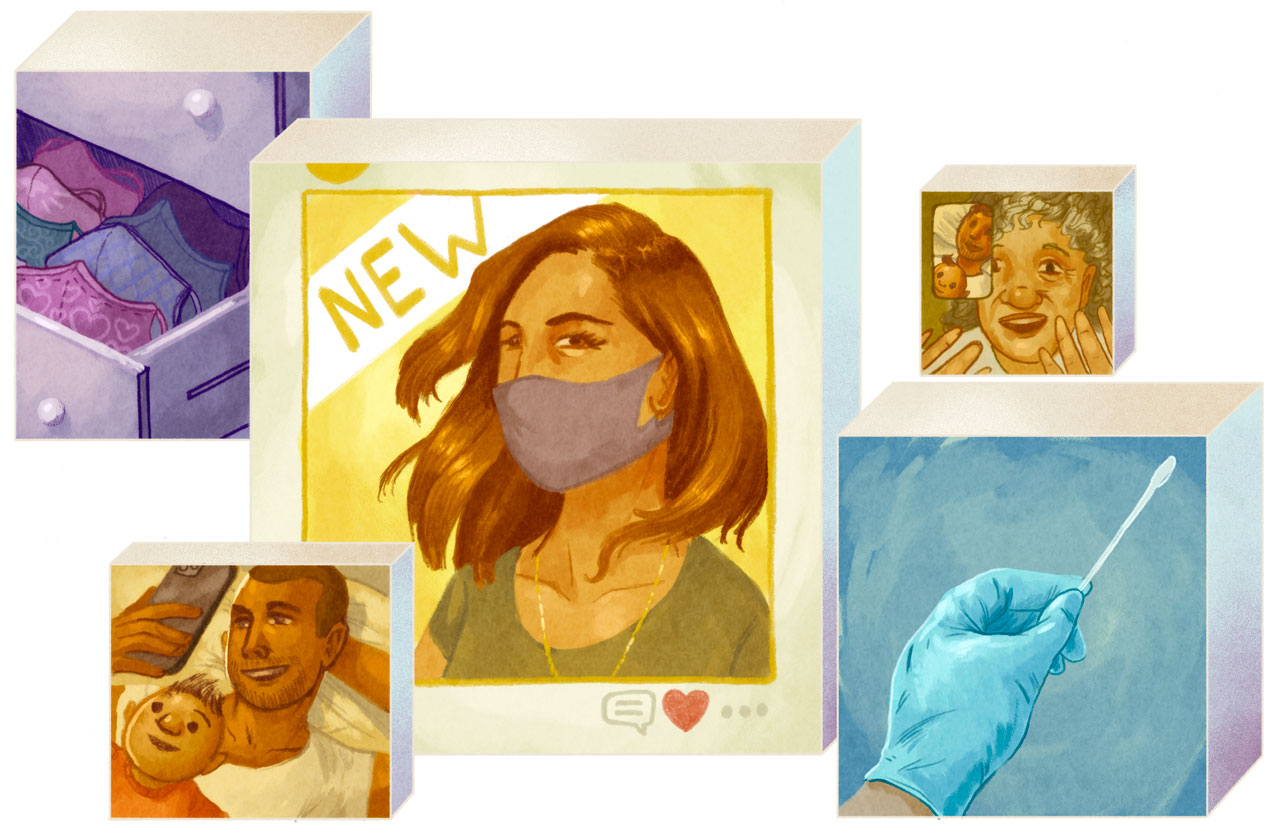 Illustrations of masks, a swab, people with masks, and others using technology to communicate.