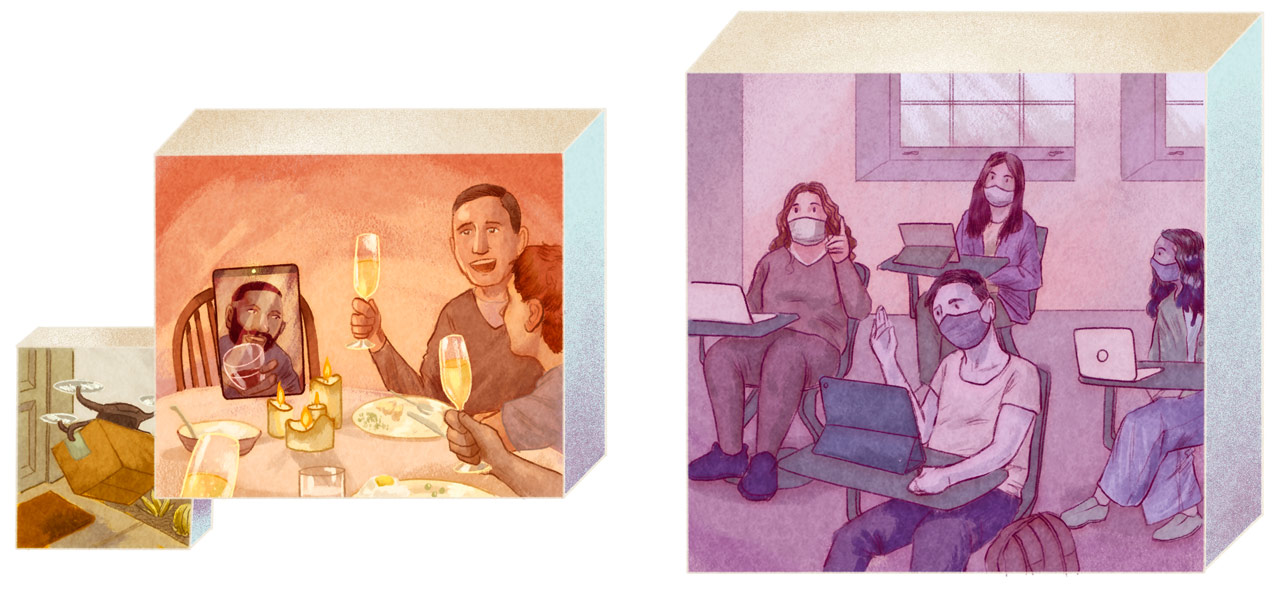 Illustrations of socially distanced meal and classroom