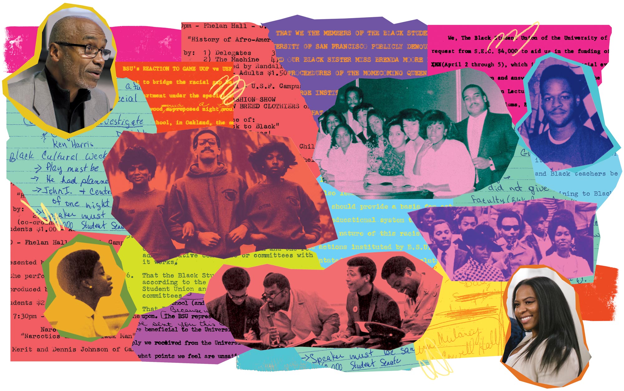 Collage of historical documents and photos of the USF Black Student Union