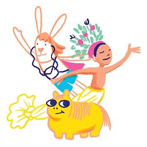 Illustration of children's book characters including a rabbit, a boy, and a pony