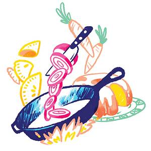 Illustration of a cast iron pan on a stove with onions chopping, empanadas, and carrots