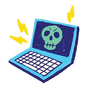 Illustration of a computer with a large skull graphic