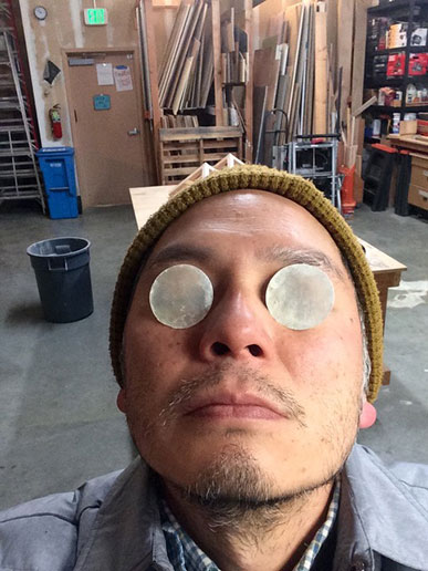 Artist Michael Arcega with capiz shell on his eyes