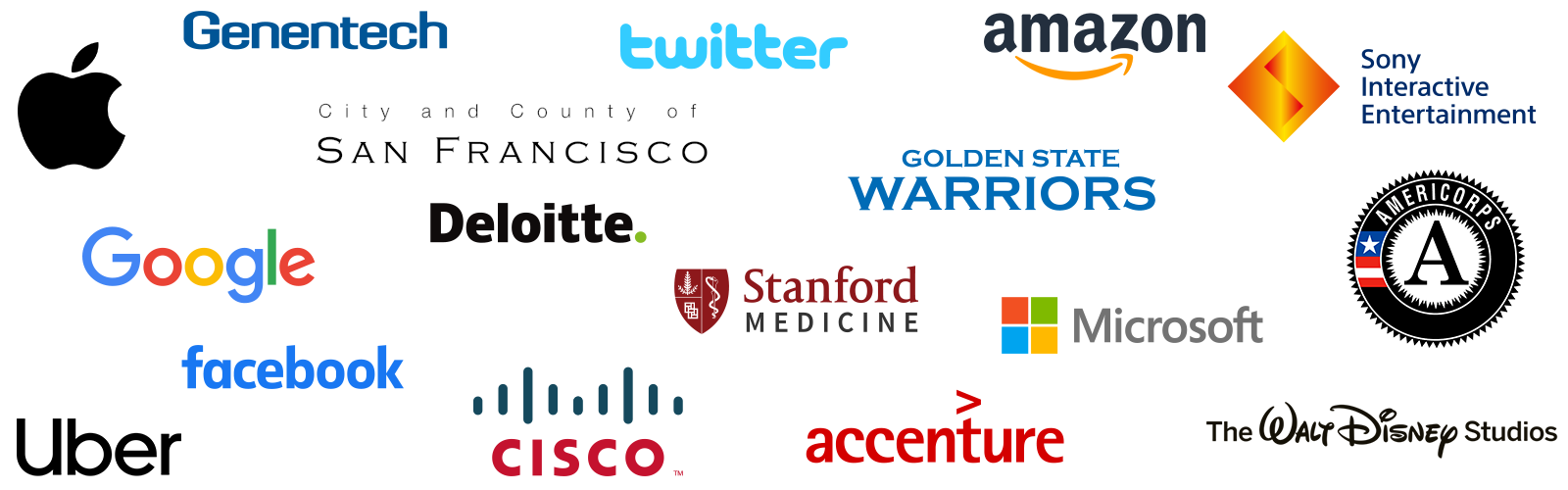 A large number of major corporation logos in single image: Apple, Google, Uber, Cisco, Microsoft and more.