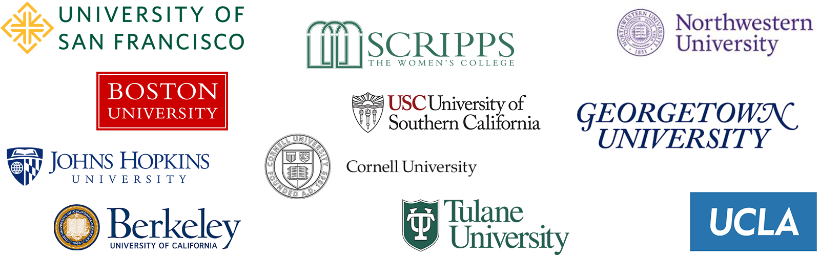 A number of University logos in a single image: USF, UCLA, UC Berkeley, Georgetown, Boston College, and more