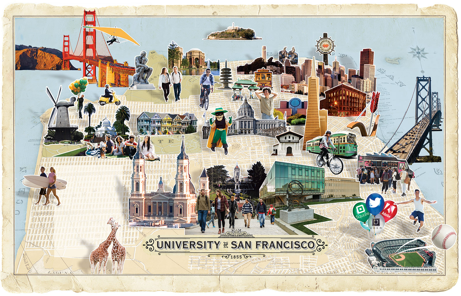 Collage of San Francisco images on a map