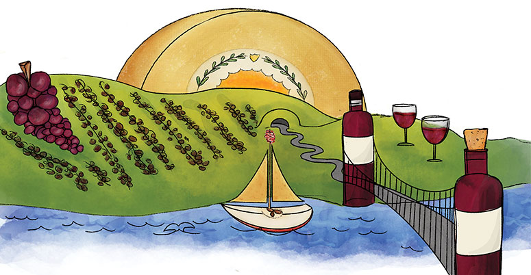 An illustration of rolling hills with wine bottles on them.