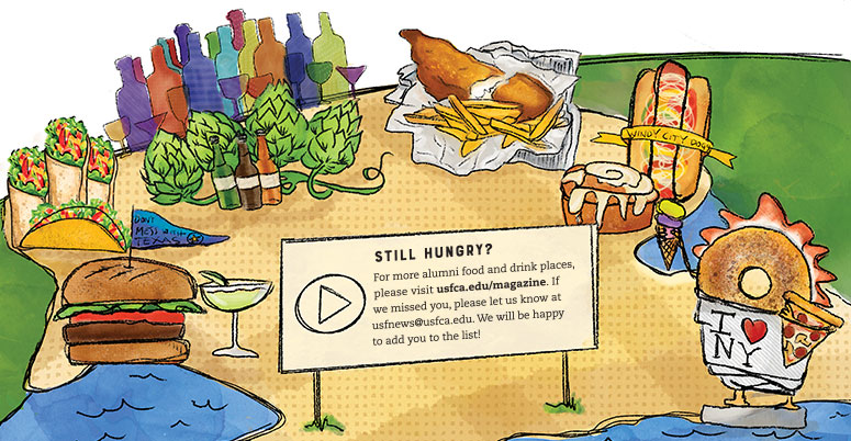 Illustration of food on a road through America.