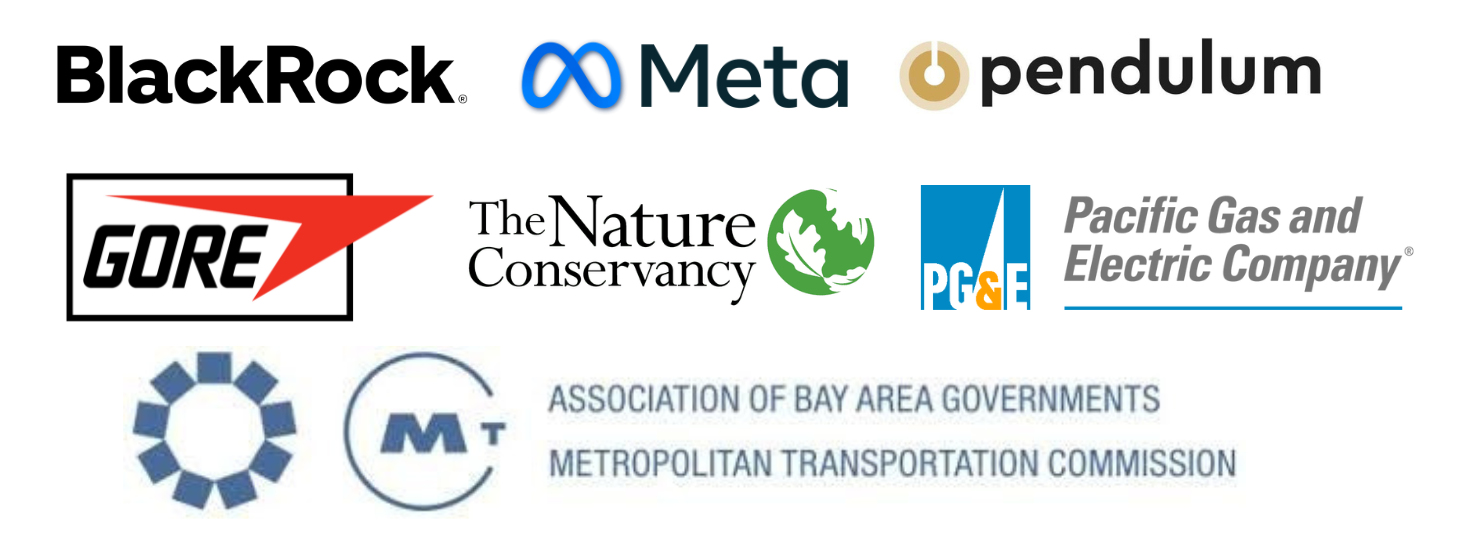 List of logos: BlackRock, Meta, Gore, PG&E, The Nature Conservancy, Pendulum, and MTC