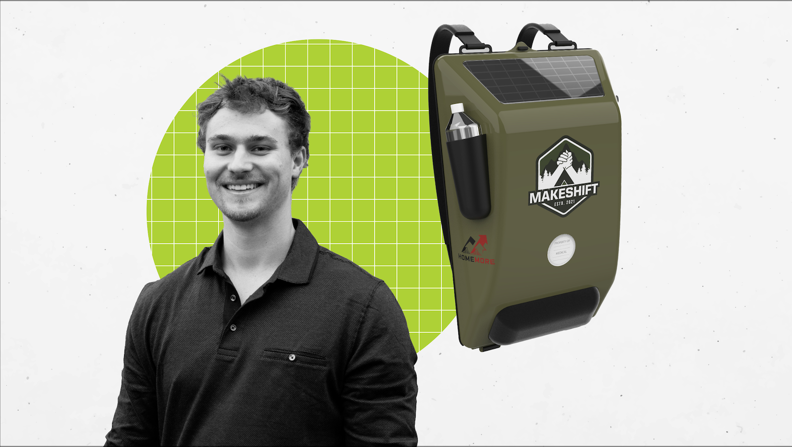 Zac Clark next to backpack created for unhoused people