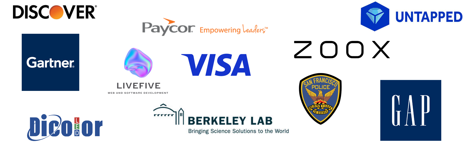 logos for discover, discolor, zoox, gap, gartner, livefive, paycor, visa, untapped, berkeley labs, sfpd
