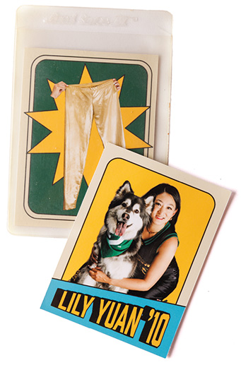 Collage of Lily Yuan, her dog, and gold pants