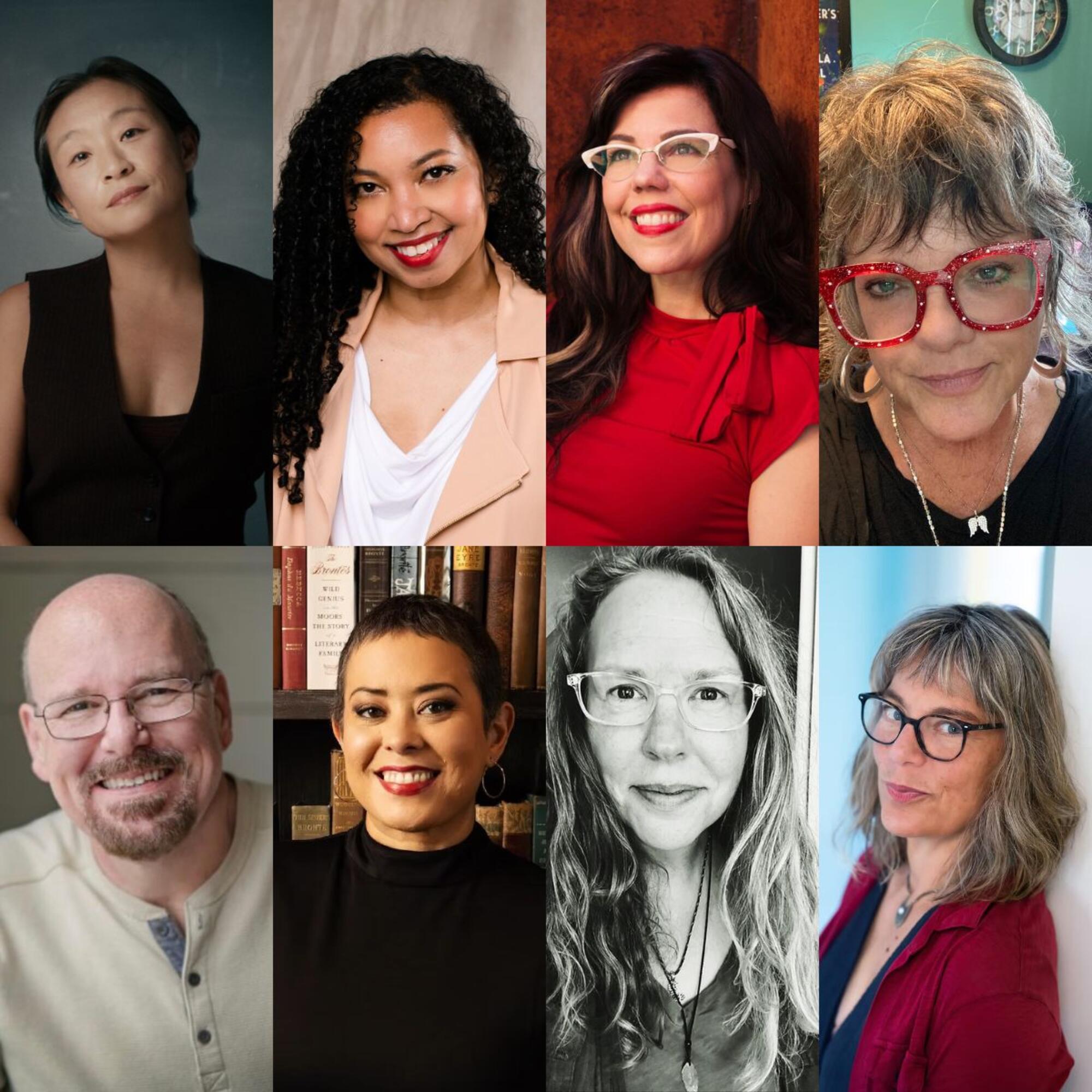 MFAY instructors An Na, Tracey Baptiste, Program Director Martha Brockenbrough, instructors Ann Dávila Cardinal, David Macannis Gill, Erin Entrada Kelly, A.S. King, and Dashka Slater