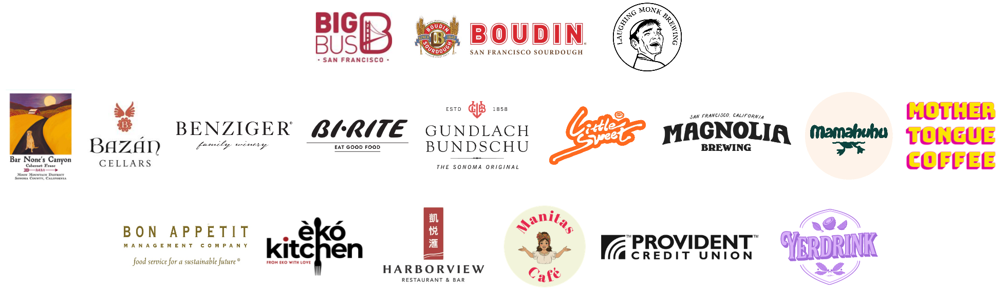 CelebrateUSF vendors (top row: Big Bus Tours, Boudin, Laughing Monk) (Middle row: Bar None's Canyon, Bazan Cellars, Benziger Winery, Bi-Rite, Gundlach Bundschu Winery, Little Sweet, Magnolia Brewing, Mamahuhu, Mother Tongue Coffee) (bottom row: Bon Appetite, EkoKitchen, Harborview, Manitas, Provident Credit Union, Yerdrink)