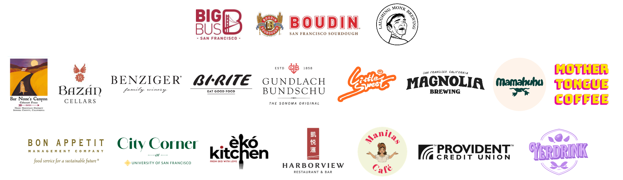 CelebrateUSF vendors (top row: Big Bus Tours, Boudin, Laughing Monk) (Middle row: Bar None's Canyon, Bazan Cellars, Bezinger, Bi-Rite, Gundlach Bundschu Winery, Little Sweet, Magnolia Brewing, Mamahuhu, Mother Tongue Coffee) (bottom row: Bon Appetite, City Corner, EkoKitchen, Harborview Restaurant and Bar, Manitas, Provident Credit Union, YerDrink)