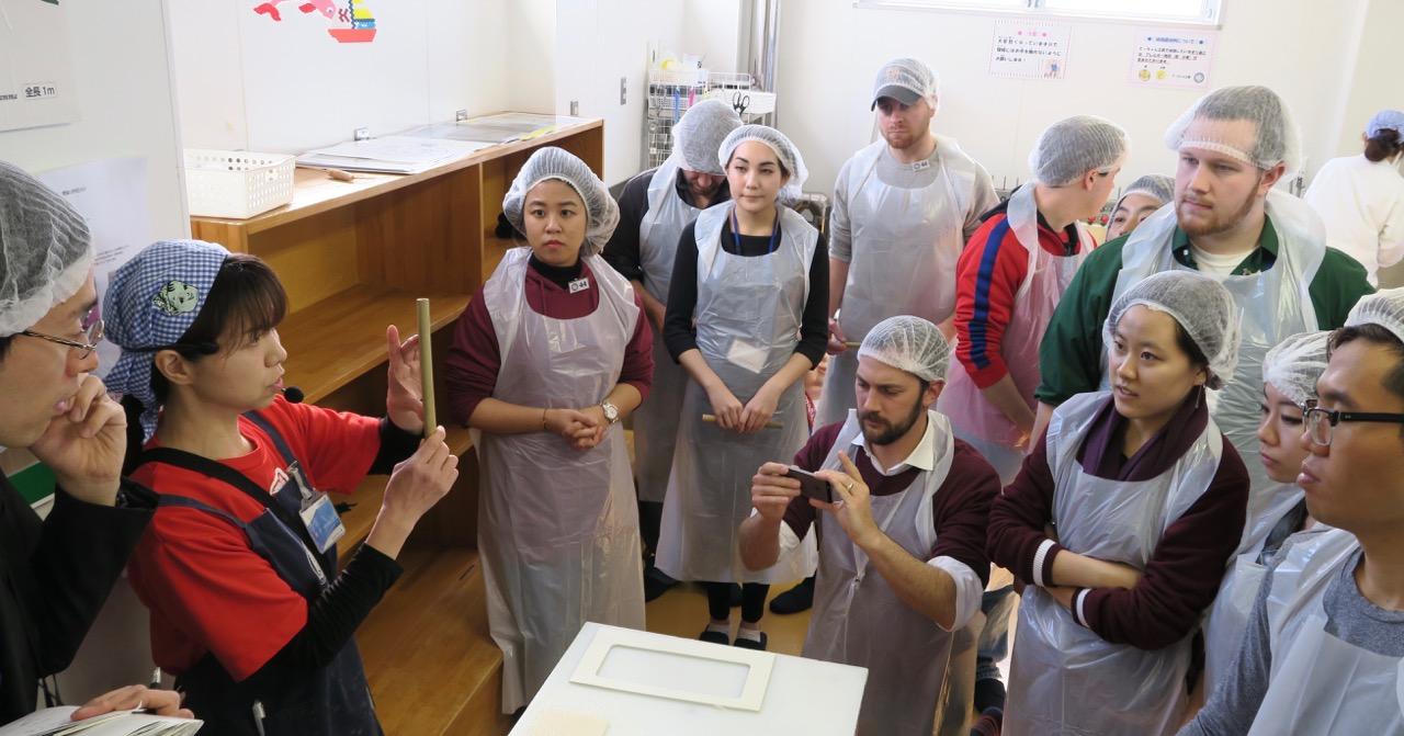 USF and UC Berkeley learn from Kanetetsu employees how much work goes into making kamaboko and chikuwa (processed fish cake)