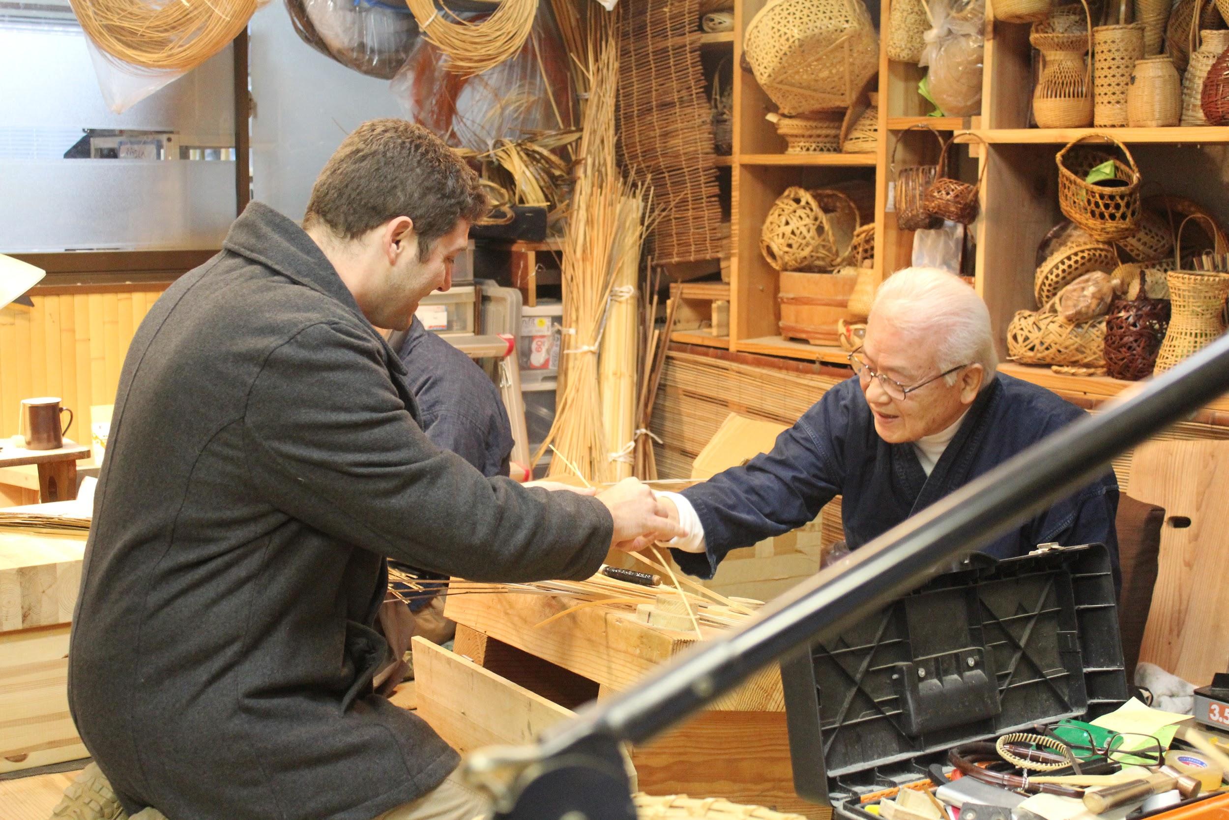 Leif Peterson (Captain, US Army, ret.) connects with bamboo craftsman Mr. Kutsuwa Shouchikusai