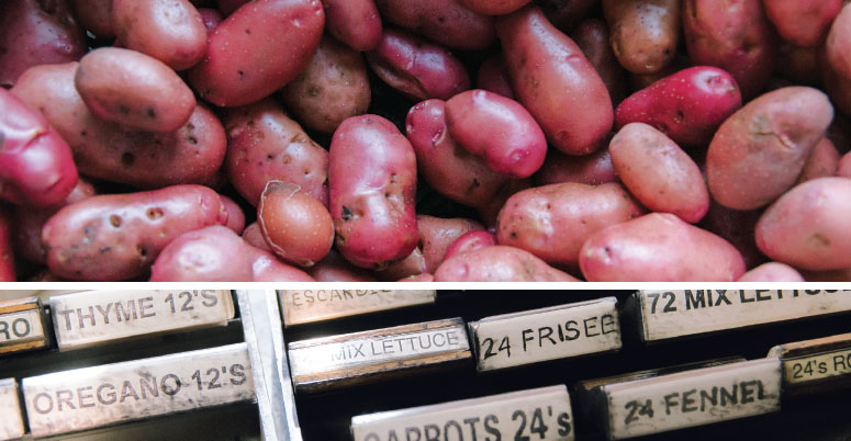 Red-skinned potatoes and Rubber stamps for labeling produce