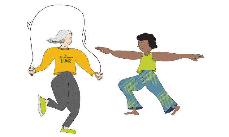 Illustration of person jump roping and another person doing yoga