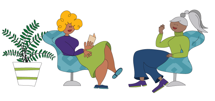 Illustration of two people sitting in chairs talking to each other