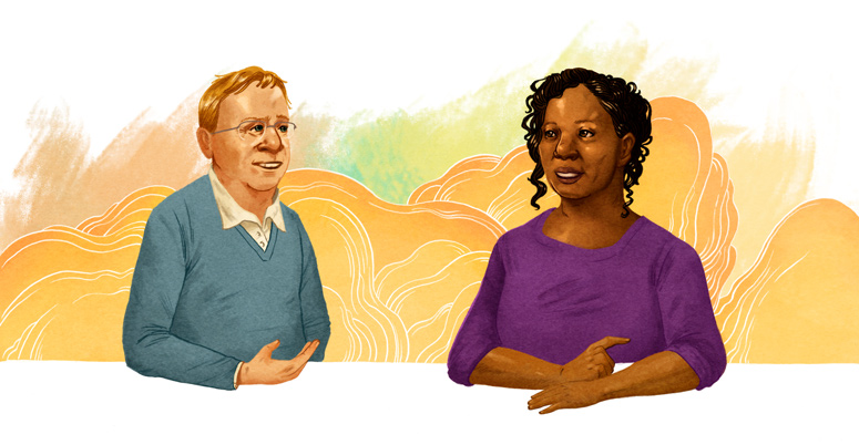 Illustration of Provost Don Heller and Mary Booker, assistant vice provost