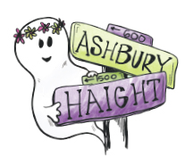 Illustration of ghost and the Haight Ashbury street sign