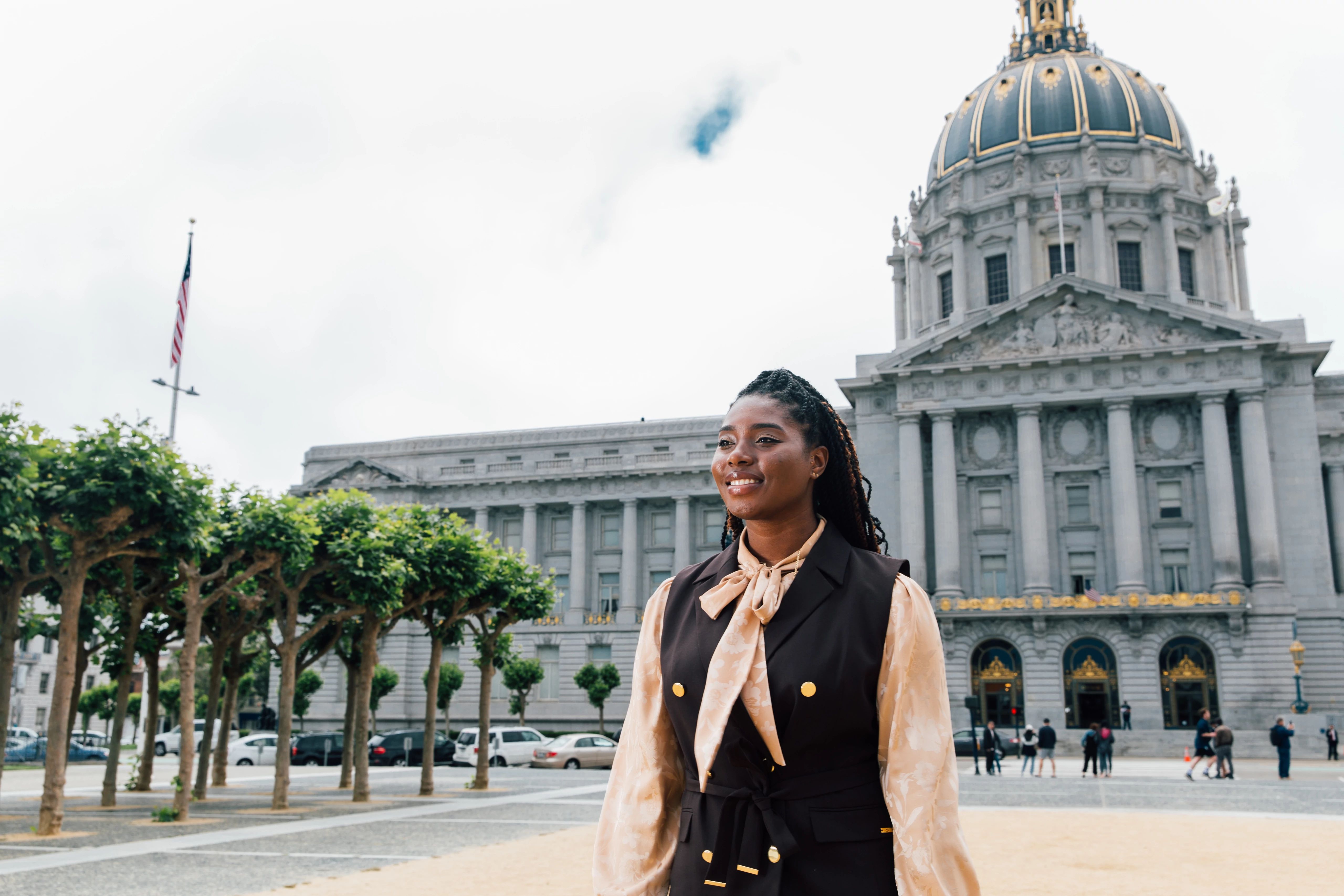 Tatiana Howard in front of San Francisco city hall