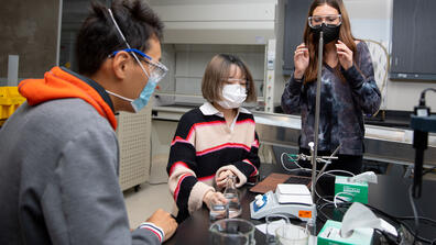 Students discuss things in a lab class.
