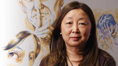 Interim Dean Eileen Fung set against close up illustrations of faces and a hand