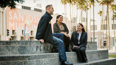 Students talking in a downtown San Jose park