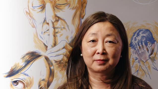 Photo of Interim Dean Eileen Fung set against close up illustrations of faces and a hand