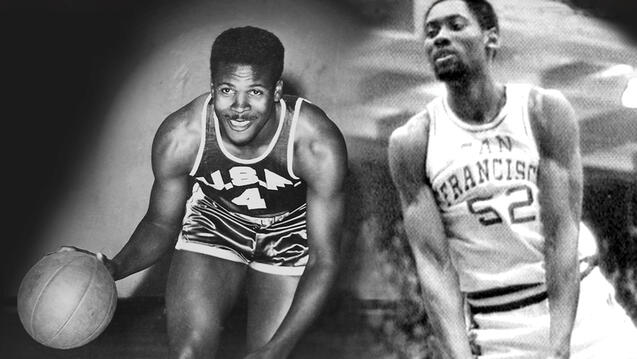 Photo collage of USF basketball players K.C. Jones and James Hardy