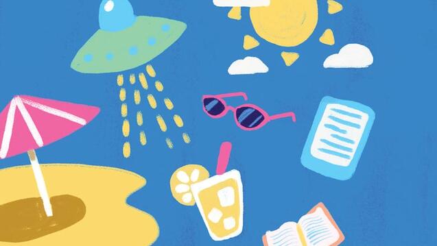 Illustration of a beach, sun, glasses, a drink, and books