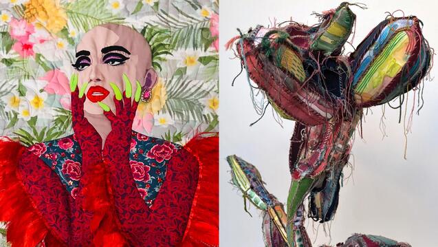 Left: Alexander Hernandez, Ongina Uncaged, printed and quilted textiles, 2019; Right: Mercy Hawkins, Still Life for Graves, mixed media on yupo paper with various fibers and textiles, 2020 
