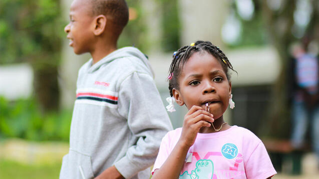 Siblings observing outside