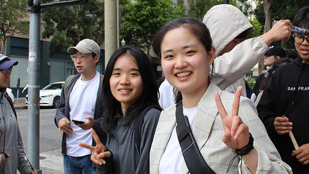 students walk around the Fillmore area of San Francisco