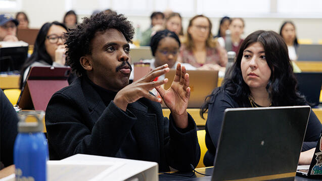 Law student speaking in lecture hall
