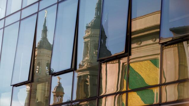 St. Ignatius reflected in USF's science building