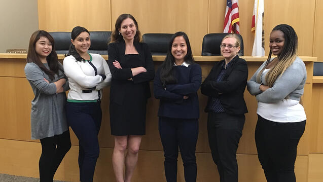 Some members of the Criminal and Juvenile Justice Law Clinic team (from left): Darlene Balagot 3L, Roxanne Dominguez Shell 2L, Clinic Director Associate Professor Lara Bazelon, Justine Joya 2L, Denise Watt 3L, and Nicole Fuller 2L