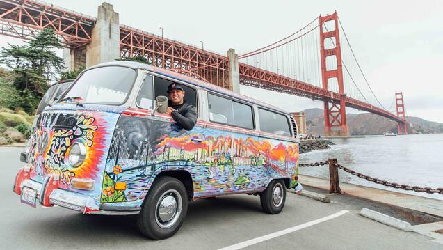Allan Graves in van by Golden Gate Bridge