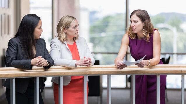 Professor Lara Bazelon, right, working with Racial Justice Clinic team