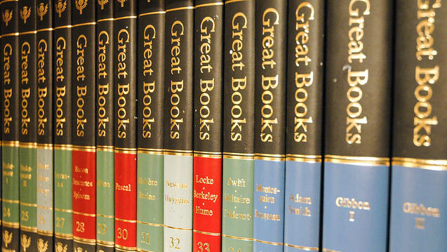 Bookshelf lined with Great Books' series