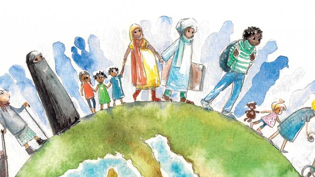 Watercolor illustration of diverse people holding hands on planet Earth
