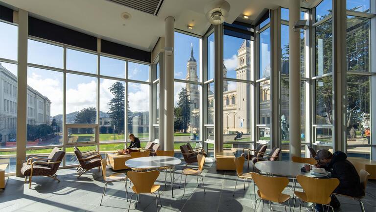 Students study in the lounge at Gleeson Library