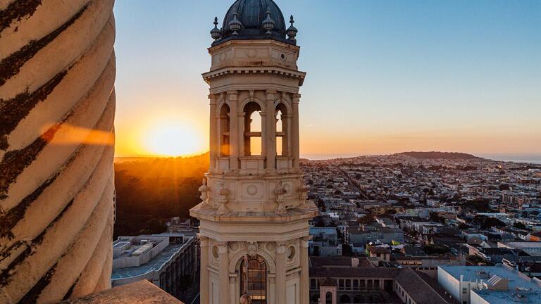 Bell tower at St Ignatius Church at sundown