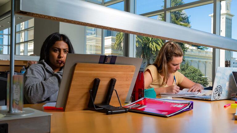 Students with laptops study at a table in the library.